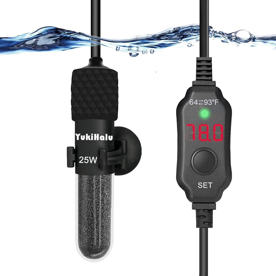 YukiHalu Small Submersible Aquarium Heater, Adjustable Mini Fish Tank Heater 25W 50W 100W 200W 300W with External Temperature Controller, LED Display, Used for 5/10/20/40/60 Gallons (25 Watts) (25 Watts)