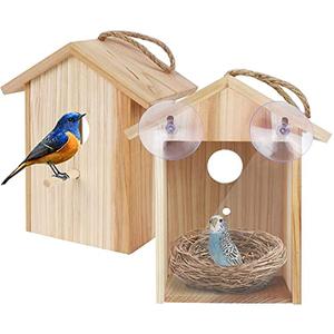 Window Bird House for Outside with Strong Suction Cup, Upgraded See Through Window Birdhouse for Viewing Inside, Wooden Bird Nesting Box for Bluebird Finch Chickadee Outdoors, Best Gift for Kids