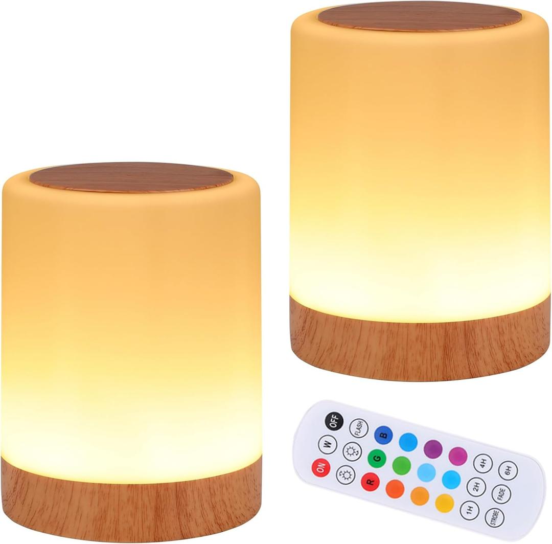 OORUN Touch Bedside Table Lamp,13 RGB Colors & 5 Brightness, USB Rechargeable Desk Lamp, Remote Control Dimmable Light with RGB Color Changing,Portable Lamp for Baby (2 Pack Brown)