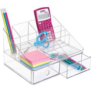 iDesign Linus Plastic Tiered Divided Desk Organizer with Drawers for Storage of Office and School Supplies, Makeup, Accessories on Vanity, Countertop, or Cabinet, 7.5" x 10" x 6.5" - Clear
