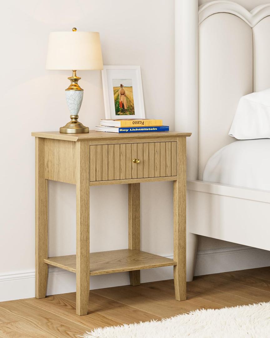 Fluted Nightstand, Farmhouse Night Stand with 1 Drawers, Mid Century Modern Side Accent Table,Bedside End Table for Bedroom, Living Room, Yellow Oak