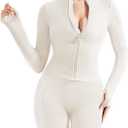 SUUKSESS Women 2 Piece Seamless Ribbed Workout Sets With Zip Up Jacket High Waisted Gym Yoga Leggings, (Beige 2,L)