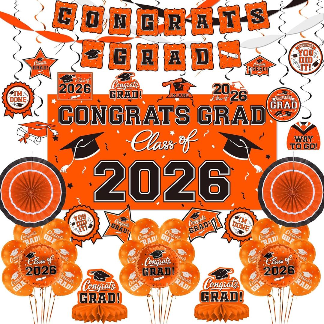 Orange Themed 2026 Graduation Decorations Set - Congrats Grad Banner, Class of 2026 Backdrop, Balloons & Streamers Kit - Complete Party Supplies for High School & College Celebrations