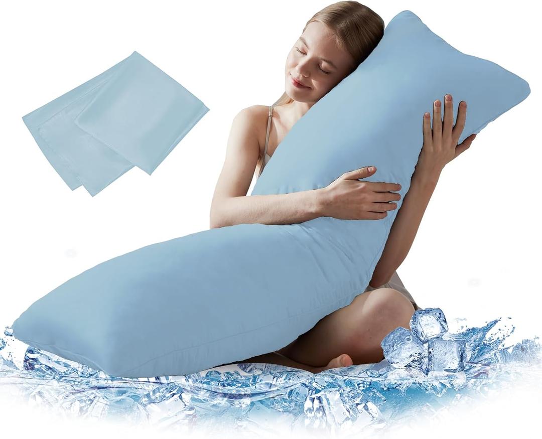 DOWNCOOL Large Body Pillow Insert with Cooling Cover - Soft Long Bed Pillow for Summer - Breathable Full Body Pillow for Adults - 20x54 inch (Blue, with Cover) (Cooling-blue)