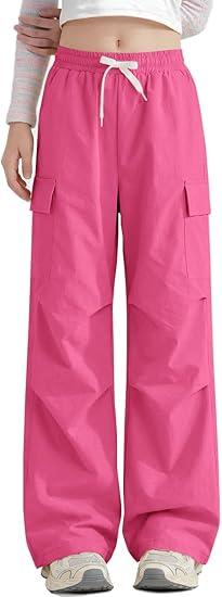 Hilinker Girls Cargo Pants Hip Hop Dance Pants Graphic Elastic Waist Jogger Pants with Pockets Hot Pink 13-14 Year