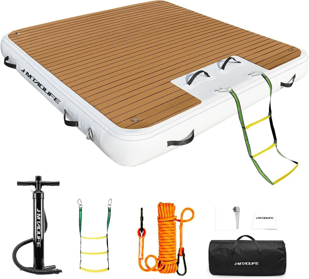 Inflatable Floating Dock with Wood Grain EVA, Non-Slip Water Floating Dock Swim Platform with Detachable Ladder Swim Deck Raft Water Platform for Lake Pool Ocean
