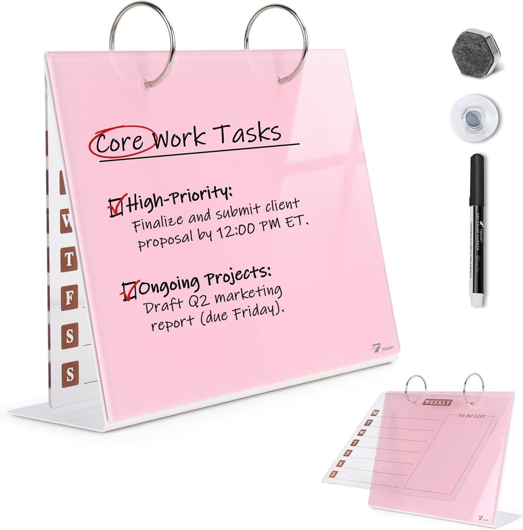 Desktop Glass Dry Erase & Acrylic Aesthetic Desk Calendar Weekly to-do List Combo, Small Magnetic Standing Whiteboard, Desk Flip Easel Calendar with Accessories for Home Office Supply, Pink, 9 x 7''