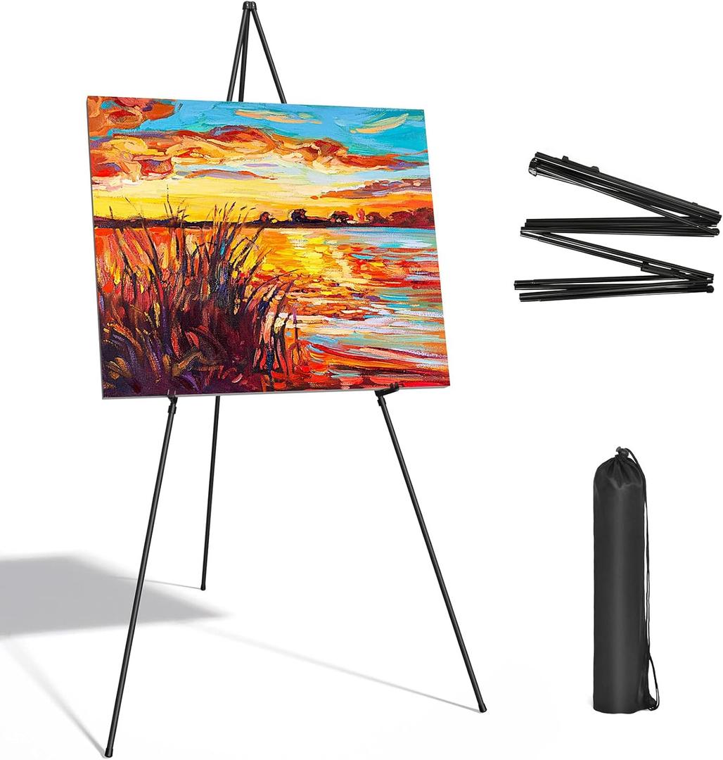 SunyesYoon Display Black Easel Stand for Wedding Sign, Artist Instant Tripod Collapsible Portable Floor Easel for Posters, 63" Adjustable Easy Folding Metal Stand for Display Show, Arts, Painting
