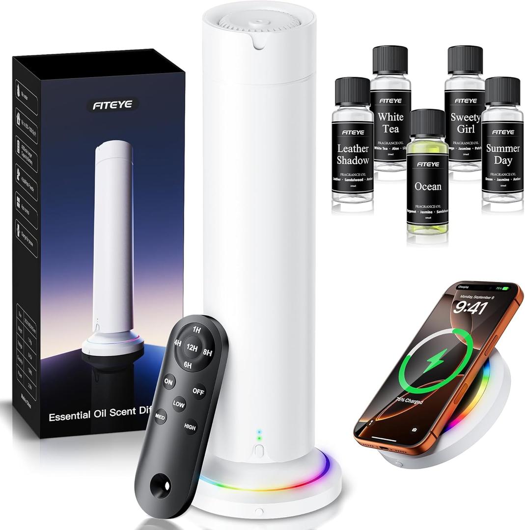 Waterless Scent Diffuser Kit Include 5x20ml Essential Oils, Essential Oil Diffuser for Home, Hotel & Office, APP&Remote Control, Quiet Operation, Pets and Kids Friendly, Max Coverage 1500 Sq Ft, White