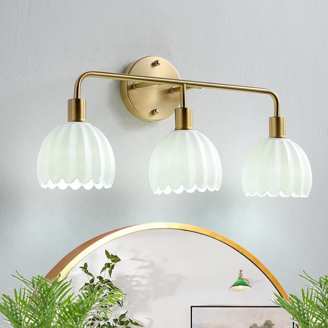 Brushed Gold 3-Light Vanlity Light Over Mirror, Wall Sconces, Gold Brass Bathroom Light Fixture with White Glass Flower Shade,E26 Socket (Bulbs Not Included)