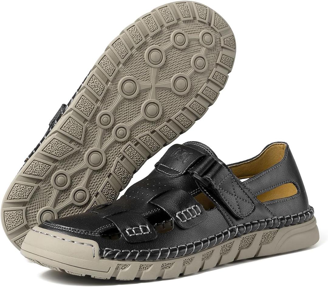 MAIZUN Leather Sandals for Men Summer Closed Toe Sandal Outdoor Fisherman Shoes Hiking Walking Shoes for Beach Walking Hiking Sport Sandal (7.5, Black)
