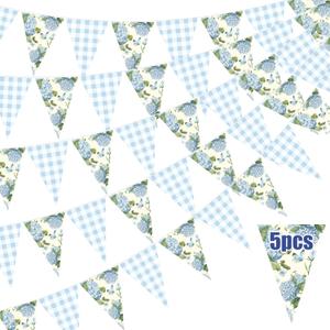 Gilprop 5 Pcs 49 ft Hydrangea Gingham Banner Blue White Flora Checkered Party Decoration Spring Pennant Garlands Paper Triangle Flag for Bridal Baby Shower Garden Wedding Birthday Tea Party Supplies