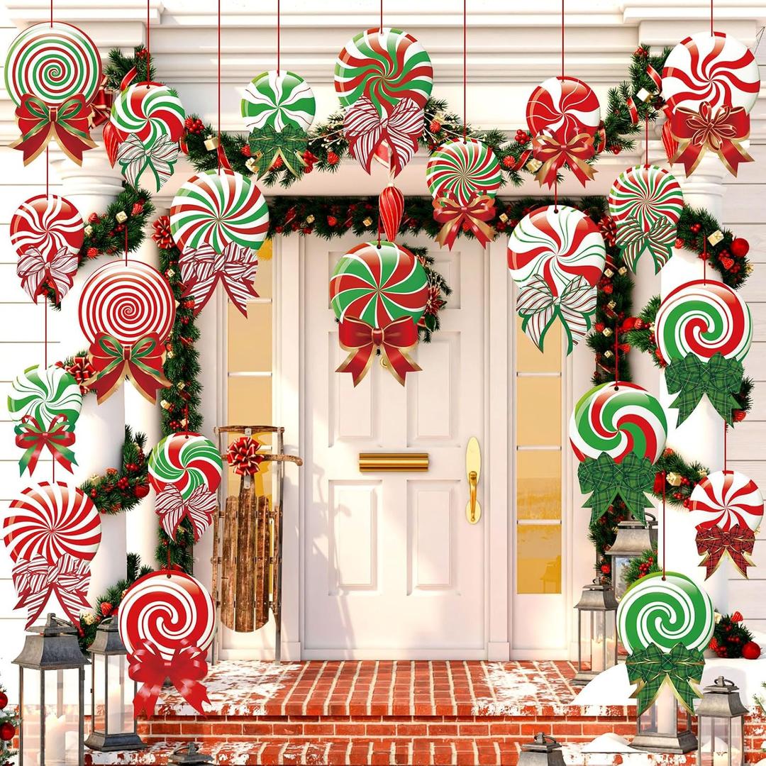 30 Pcs Christmas Decorations Outdoor Christmas Hanging Ornaments Peppermint Candy Yard Signs Double Sided Lawn Decorations Peppermint Ornaments for Xmas Party Home(Cute Style)