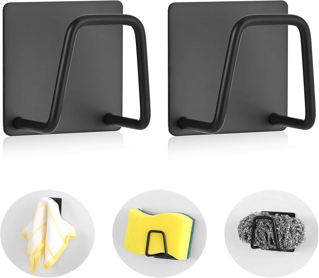 Luckyiren Adhesive Sponge Holder for Kitchen Sink, SUS304 Stainless Steel Scrubber Hanger Caddy Accessories Storage Rack Stand for Scratch Scrub Dishcloth Dishrag Exfoliator Strainer Stopper (Black; 2 Pack)
