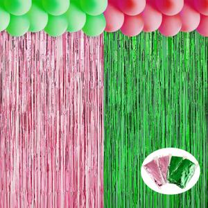 Tingjoo 4 Pack 3.28 x 6.56 ft Streamers Backdrop Party Decoration Witch Party Decor Metal Foil Fringe Curtains Backdrop Tinsel Foil Fringe Curtains Streamer for Witch Decor(Green and Pink)