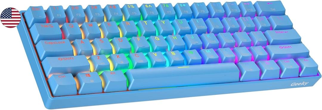 Geeky GK61 60% | Hot Swappable Mechanical Gaming Keyboard | 61 Keys Multi Color RGB LED Backlit for PC/Mac Gamer | ANSI US American Layout (Blue, Mechanical Speed Yellow)