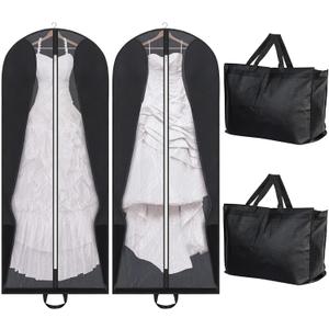 Fabbay 2 Pcs 70" Bridal Wedding Gown Dress Garment Bag Extra Large Long Foldable Portable Travel Covers Garment Bags Hanging Luggage Storage with Pockets for Women's Prom, Gusseted Black