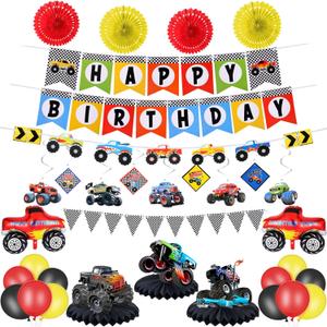 Skylety Monster Truck Birthday Party Supplies Truck Birthday Banner Triangle Bunting Hanging Swirls Multicolor Balloons Honeycomb Table Centerpieces Paper Fans