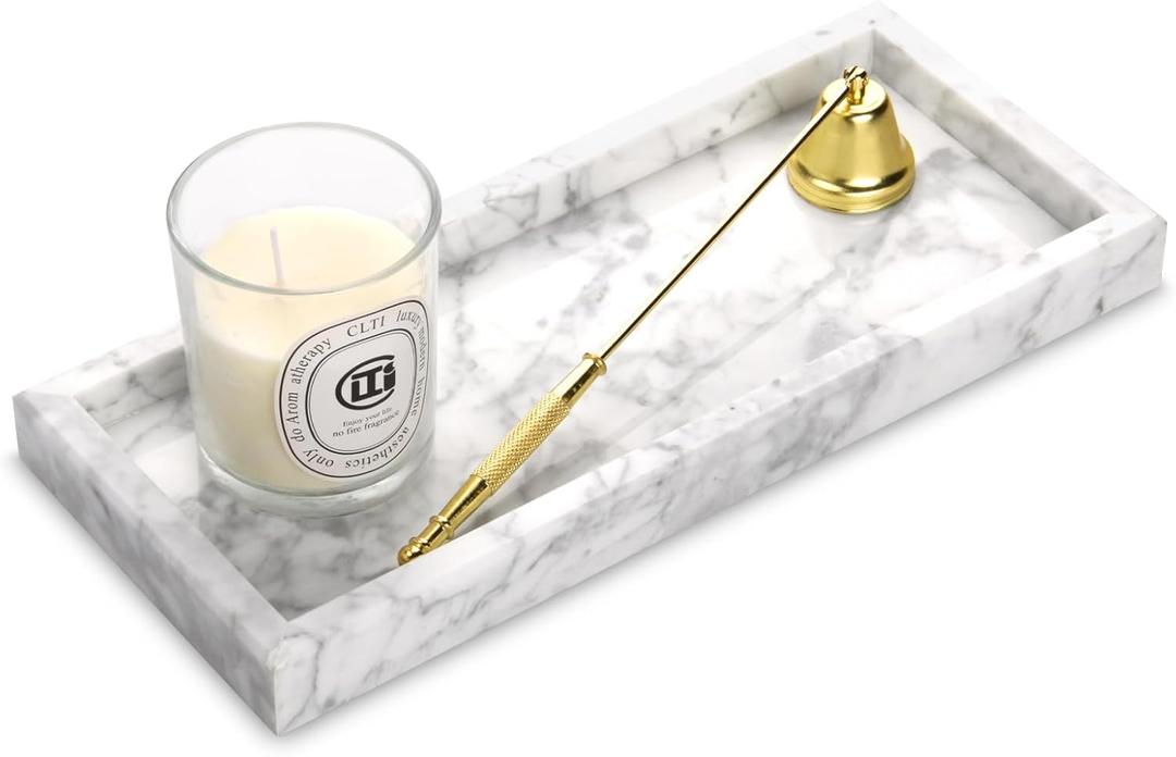 Marble Bathroom Vanity Tray, Natural Luxury Vanity Home Kitchen Bathroom Table Tray, Stone Decorative Countertop Dresser Trays for Key Coffee Perfume Jewelry Makeup (Carrara White, 12"x 5" x1.2")