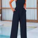 PRETTYGARDEN Summer Jumpsuits for Women Dressy 2025 Fashion Ruffle Cap Sleeve Romper Crew Neck Rib Knit One Piece Outfits (Blue, L)