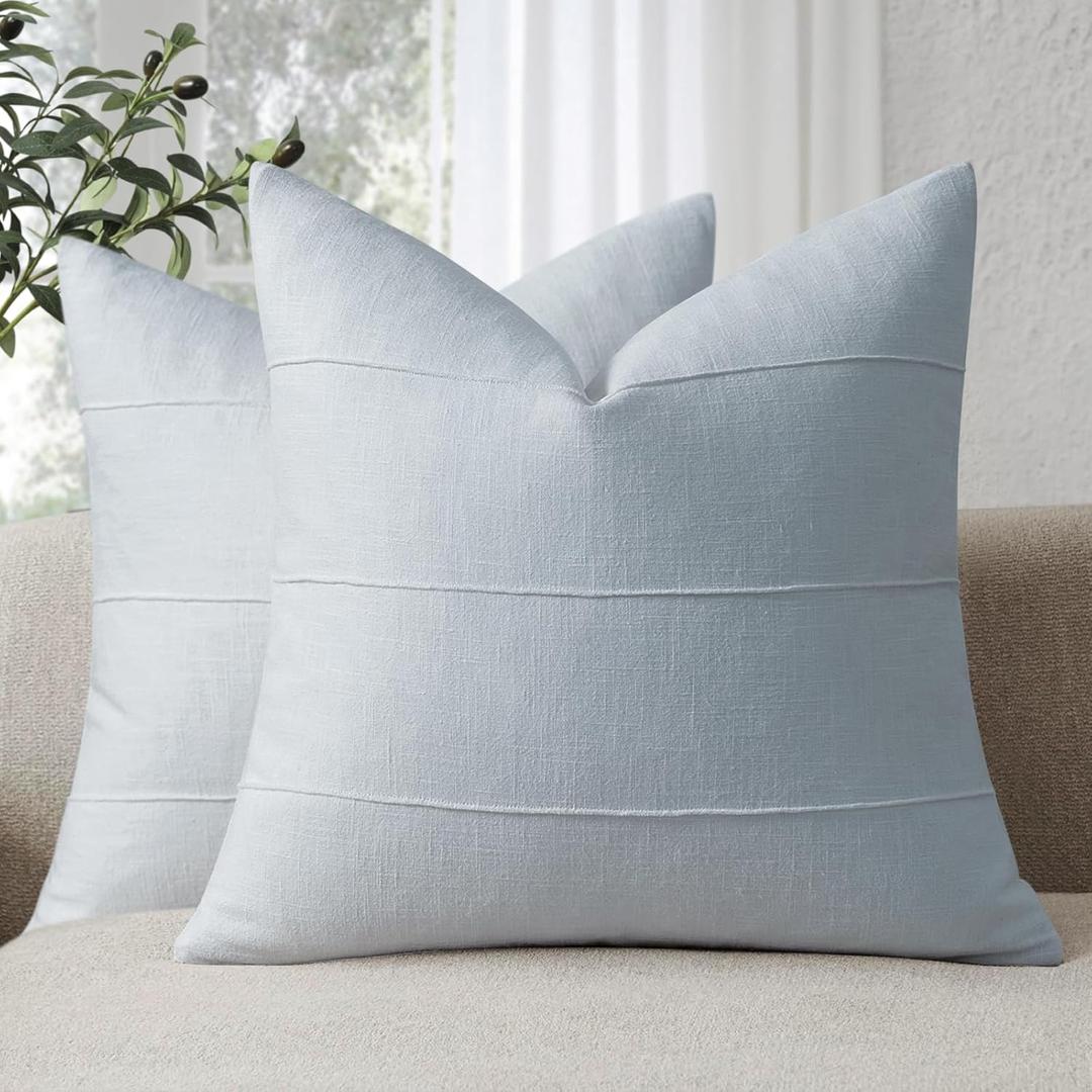 ZWJD Decorative Linen Throw Pillow Covers 26x26 Set of 2 Solid Handcrafted Striped Cushion Covers for Bed Soft Modern Farmhouse Neutral Pillowcase for Couch Bedroom Living Room Home Decor(Sky Blue)