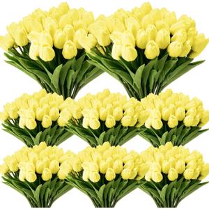 Janinka 100pcs Artificial Tulip Flowers Fake PU Tulips Faux Latex Bouquet Flower Centerpieces Arrangement Floral for Wedding Spring Decorations (1 Head,Light Yellow)