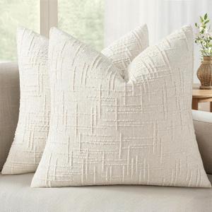 MIULEE Textured Throw Pillow Covers Thick Chenille Decorative Pillows Cream White 20x20 Inch Set of 2 Modern Boho Farmhouse Home Decor Neutral Cushion Covers for Couch Sofa Living Room Bedroom