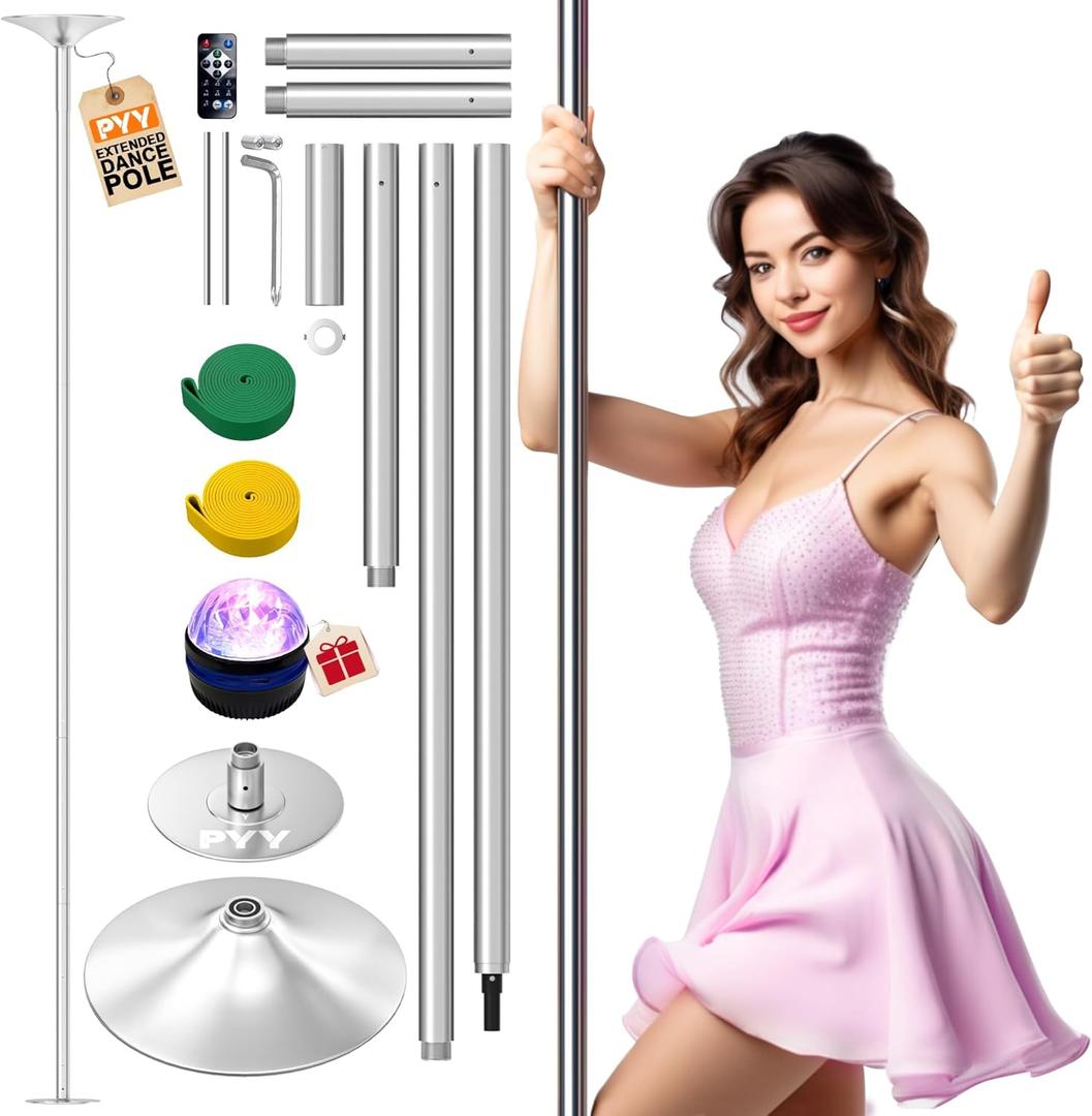 PYY Dance Pole for Home - Adjustable & Portable Stripper Pole for Gym Studio Pub, 45mm Chrome Finish, Spinning & Static Modes, No Drilling Required, Remote LED Lights (88"-132", Silver)