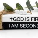 2 Pieces Wooden Decorative White Books, Rustic Farmhouse Faux Books for Coffee Table Shelves with Wood Bead Tassels and Leaves, 7'x 4.6'x 2.5' (God is First, I'm Second)