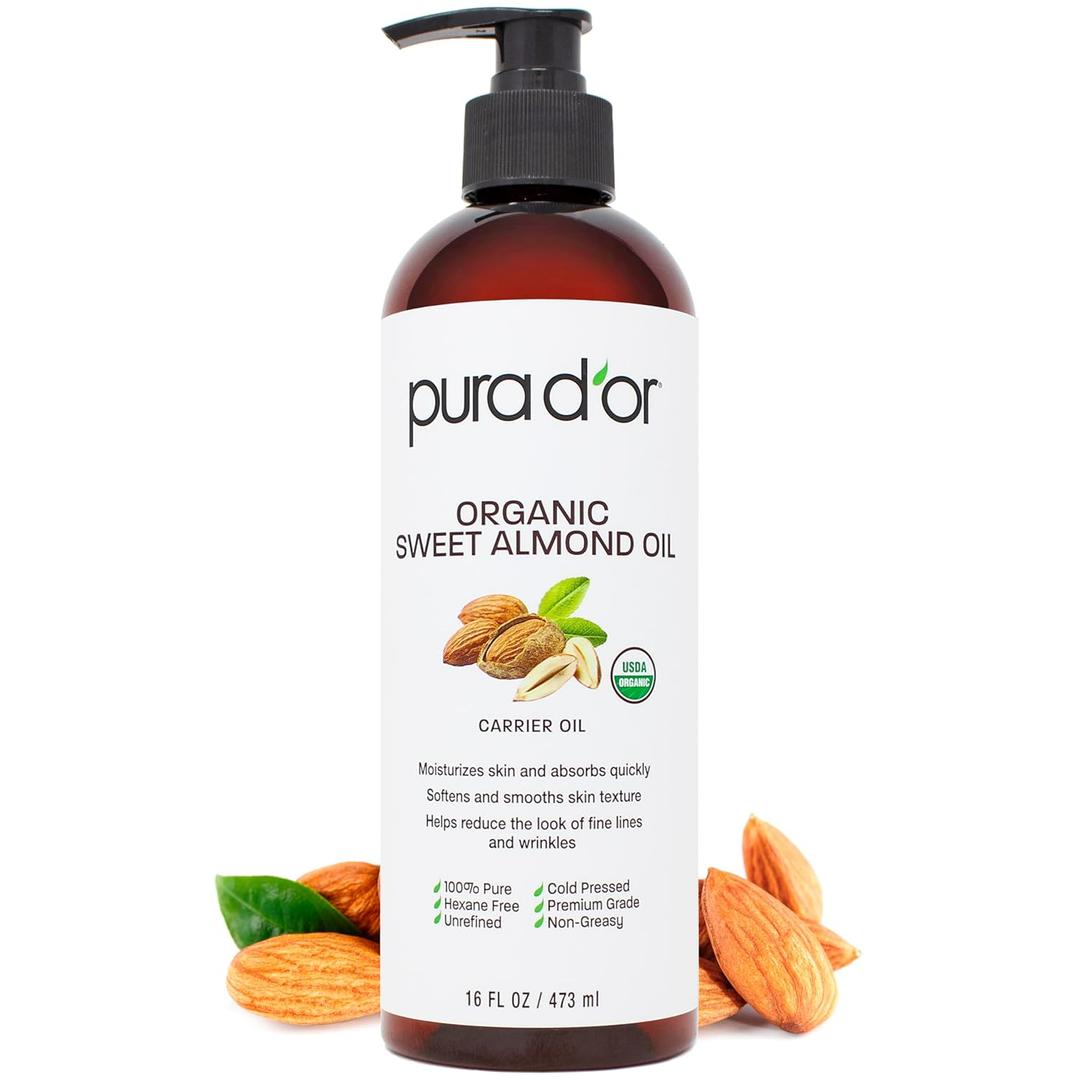 PURA D'OR ORGANIC Sweet Almond Oil (16 Oz) 100% Pure & Natural USDA Certified Cold Pressed Carrier Oil For DIY Beauty - Non-Greasy, Unscented, Hexane Free Moisturizer - For Hair & Skin | ORGANIC, 100% Pure, Natural, USDA Certified, Cold Pressed, Carrier Oil