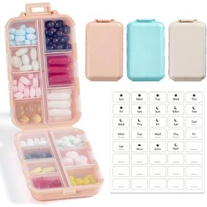 3 Pack, 14 GRIDS Travel Pill Organizer Box with Labels - Travel Medicine Case Kit - Pocket Daily Pharmacy Container - Travel Medication Holder Dispenser for Fish Oil Vitamin Supplement Storage (Khaki+pink+blue)