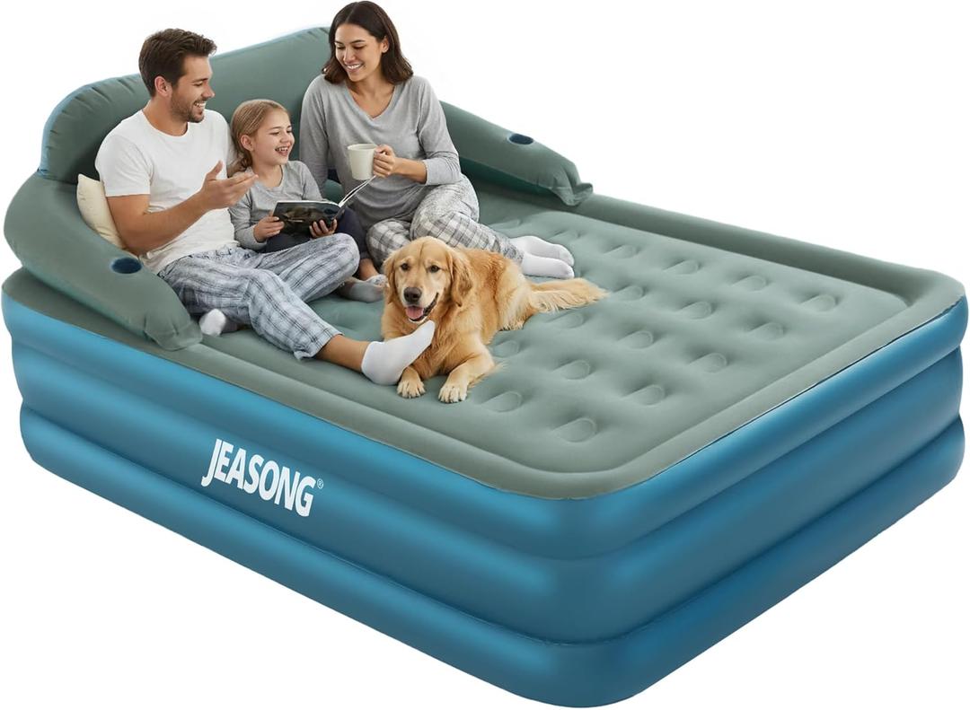 JEASONG Premium Queen Air Mattress with Built-in Rechargeable Pump and Detachable Headboard - 19 Inch Elevated Blow Up Mattress with Cup Holders,Portable Air Bed for Home & Camping Use