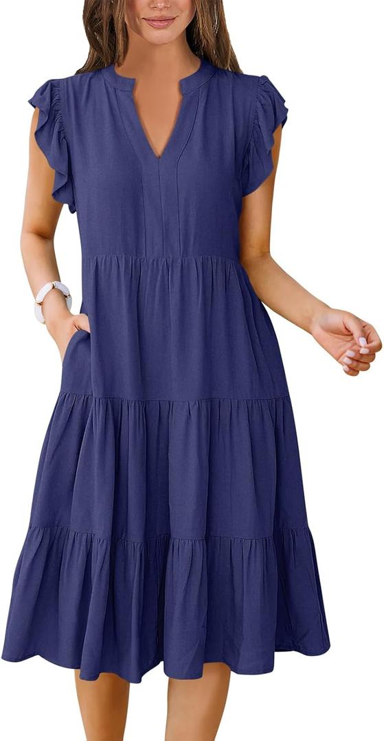 ANRABESS Womens Summer Dress Ruffle Sleeve V Neck Midi Dresses Fashion Casual Fit Flowy Tiered Boho Beach Vacation Sundress (Large)