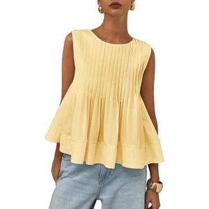 WOWULOVELY Womens Summer Pleated Peplum Sleeveless Blouse Tank Tops Crew Neck Babydoll Blouse Y2K Round Shirt (Yellow, S)