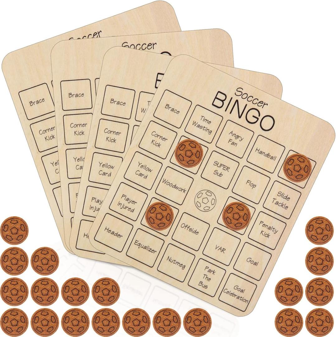 2 x Soulchen 4 Sets Soccer Bingo Game Wooden Soccer Themed Bingo Cards Ball Tic-tac-Toe Board Game Sport Theme Party Games for Family Night Birthday Party Favors Supplies