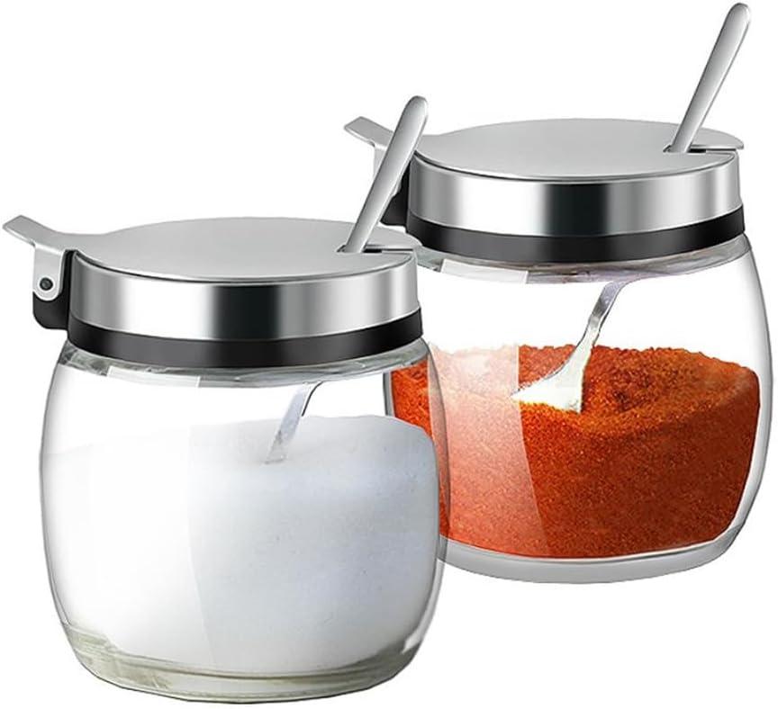 Hewnda 2Pcs Sugar Salt Container Set, 8 oz glass jar with lid and spoon for storing condiments, coffee, sugar cubes, spices and more