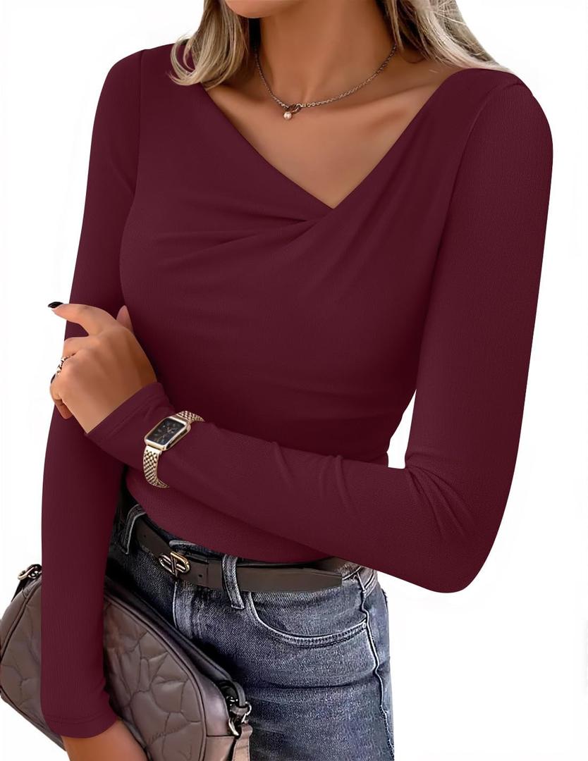 ZESICA Women's Long Sleeve Asymmetrical Neck T Shirts 2026 Spring Fall Fashion Outfits Ruched Slim Fit Blouses Going Out Tops S