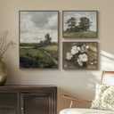 3 Piece Framed Vintage Landscape Canvas Wall Art Set, Large Green Tree and Floral Farmhouse Artwork for Walls, French Country Retro Nature Prints Paintings for Living Room Bedroom Fireplace Wall Decor, 24" H x 30" W