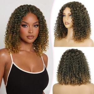 Omber Dark Brown Curly Wigs for Black Women 12 Inch Glueless Synthetic Lace Front Wig with Middle Part Pre Cut Lace Hairline for Daily Use