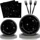 Qyeahkj 100Pcs Stars Birthday Party Decorations Galaxy Plates and Napkins Space Theme Paper Plate Supplies for Outer Spaces Disposable Tableware Set Baby Shower Night Sky Decor for 25 Guests