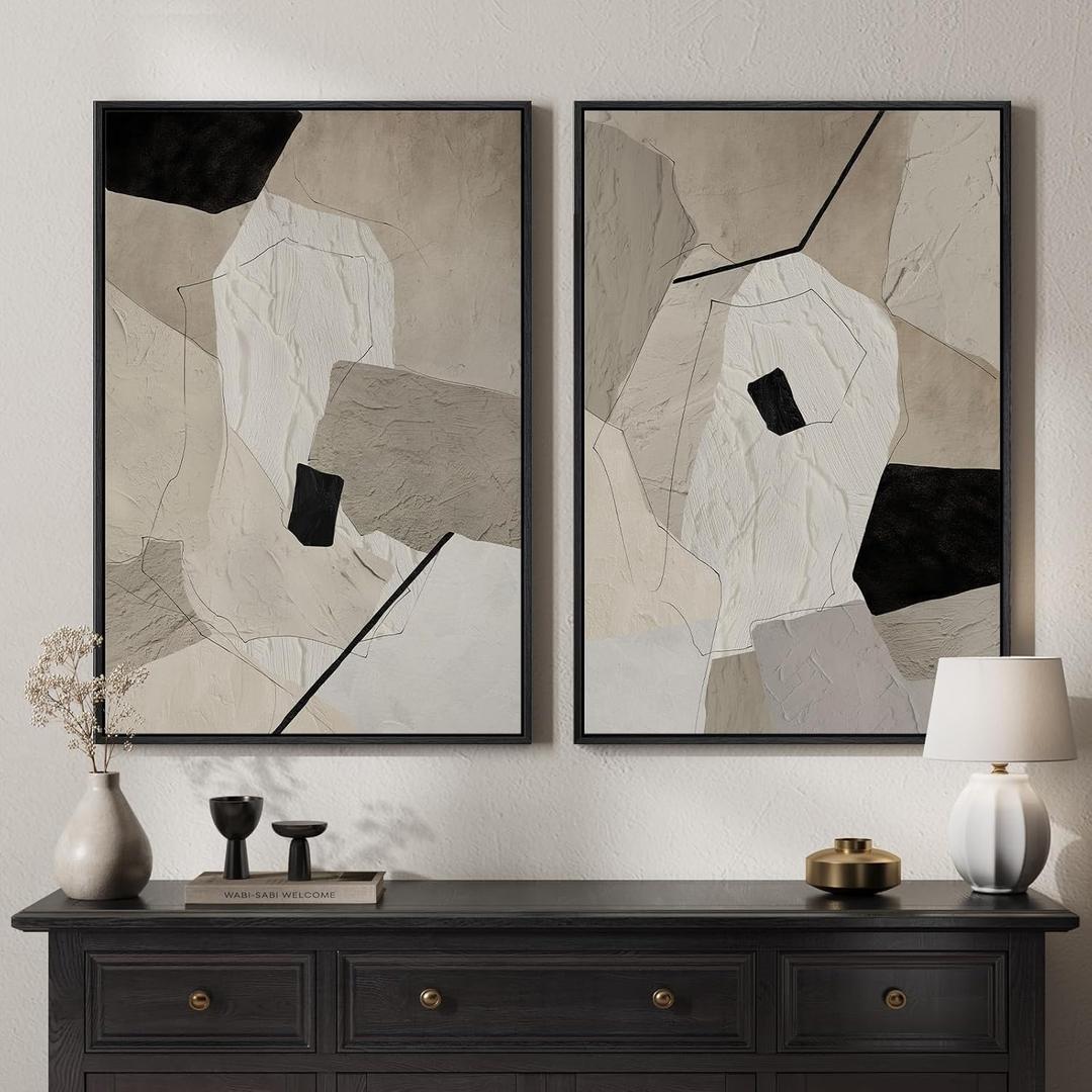 Framed Neutral Beige and Black Abstract Wall Art for Living Room, Set of 2 Modern Minimalist Canvas Artwork for Walls, Large Geometric Pictures Prints for Bedroom Office Hallway Wall Decor, 24x36 Inch