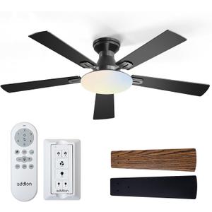 Addlon Ceiling Fans with Lights, 52 inch Flush Mount Ceiling fan with Remote Control, Wall Remote, Reversible, 3CCT, Dimmable, Noiseless DC Motor, Black Low Profile Ceiling Fan for Bedroom, Farmhouse
