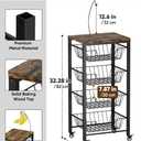 Fruit Vegetable Storage Cart for Kitchen, 5-Tier Vegetable Stand Rack with Pull-Out Fruit Baskets, Rolling Snack Cart with Wood Top & Banana Holder for Pantry, Living Room, Bathroom, Black