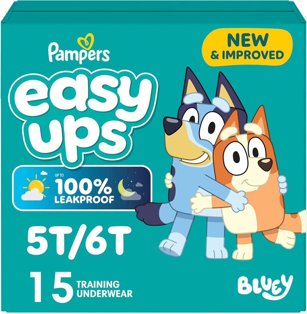 Easy Ups Girls & Boys Potty Training Pants, Size 5T-6T, 15 Count, Bluey Absorbent Training Underwear, Up to 100% Leakproof Day and Night, Hypoallergenic (Packaging May Vary)
