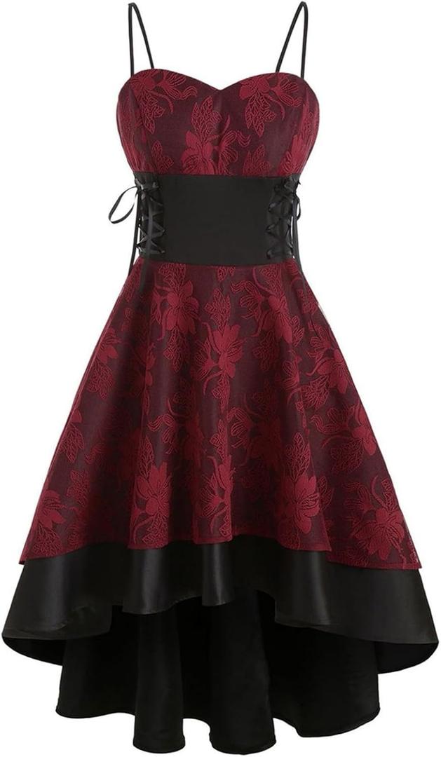 Women Vintage Steampunk Dress Halloween Costumes Spaghetti Strap Bandage Dresses Floral Lace High Low Dress (Small, Red)