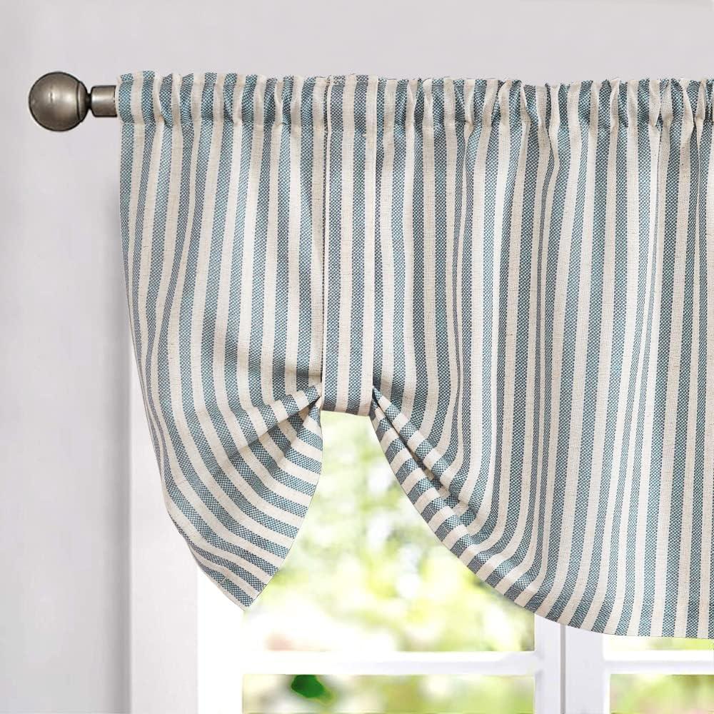 jinchan Tie Up Linen Textured Striped Bow Tie Curtain for Kitchen Bathroom Rod Pocket Pinstripe Valance Window Treatments Ticking Stripe Pull Cord Valance 1 Panel 18 Inch Teal Blue on Linen