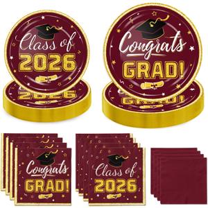 Graduation Plates and Napkins - Disposable Paper Plates Cocktail Napkins Luncheon Napkins for Maroon and Gold Graduation Party Decorations, Serve 50
