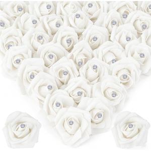 100Pcs Real Looking White with Diamonds Artificial Rose Flower Heads, Foam Fake Roses for DIY Wedding Decorations Baby Shower Centerpieces Home Party Valentine's Day Mother's Day Decor