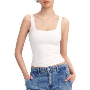 PUMIEY Women's Square Neck Tank Top Sleeveless Double Lined Basic Tops Sharp Collection (Large)