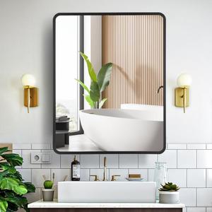 Movo 24 Inch x 30 Inch Black Metal Framed Bathroom Mirror Medicine Cabinet Rectangle Tilting Beveled Vanity Mirrors Recess or Surface Mount Installation